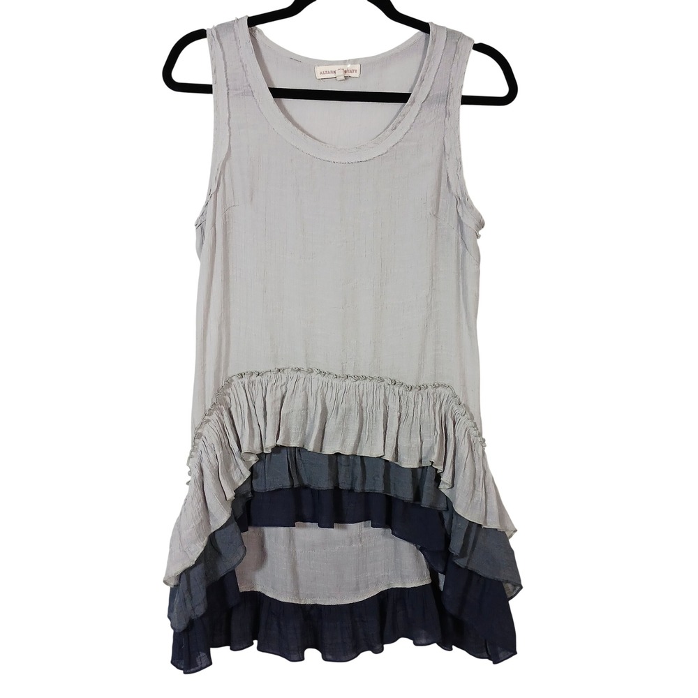 A'Reve Grey Blue Tiered Ruffle High-Low Tunic Tank Top Size M